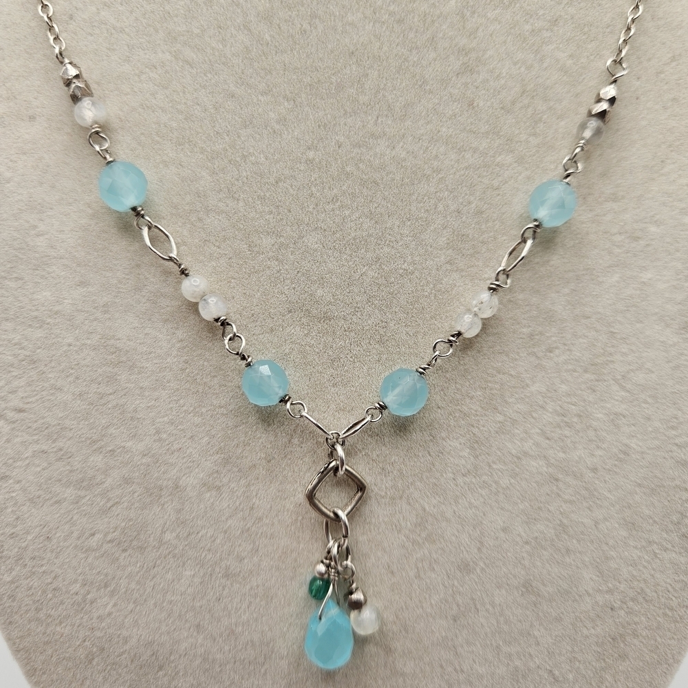 Artisan Dainty Aqua Teardrop Beaded Silver Tone Y-Drop Necklace Heart Toggle